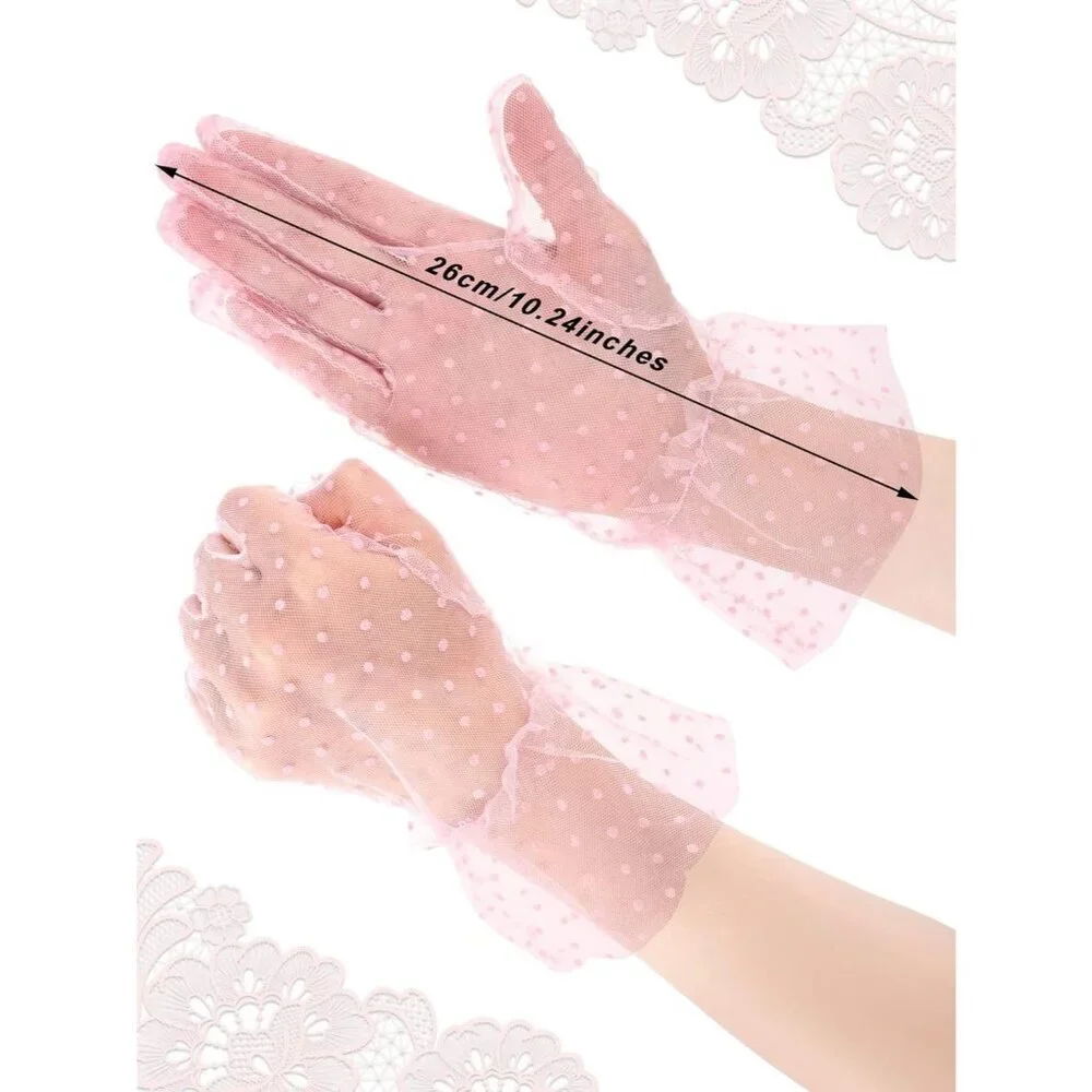 Women's Evening Pink Elegant Polka Dot Mitten Lace Gloves Party Tea Accessories